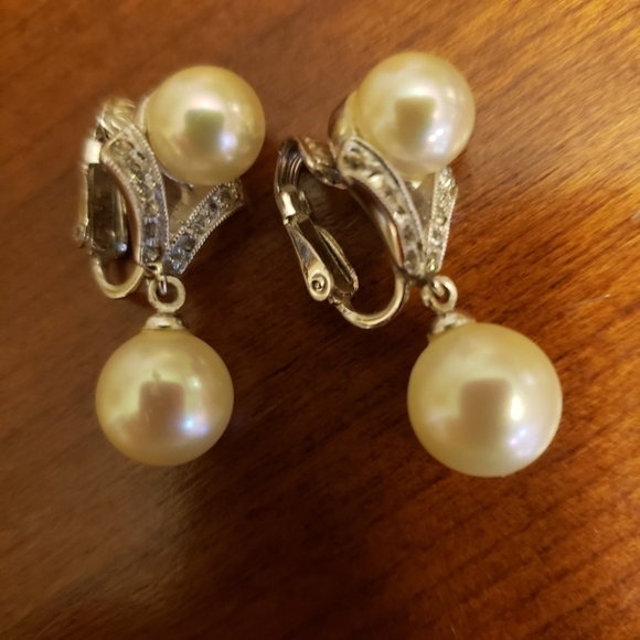 Clip-on Pearl & Diamond Look Earrings Vintage - Picture 5 of 5